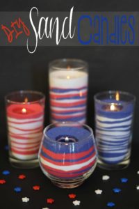 #DIY Sand Candles - I love these! I used drinking glasses and a votive I bought from a thrift store, added the #sand and a tea #candle. 30 minutes later I have 4 great candles for #4th of July. Made all four candles for $8 bucks! This pin was tested and reviewed by one of the 3 crazy sisters at https://madefrompinterest.net/
