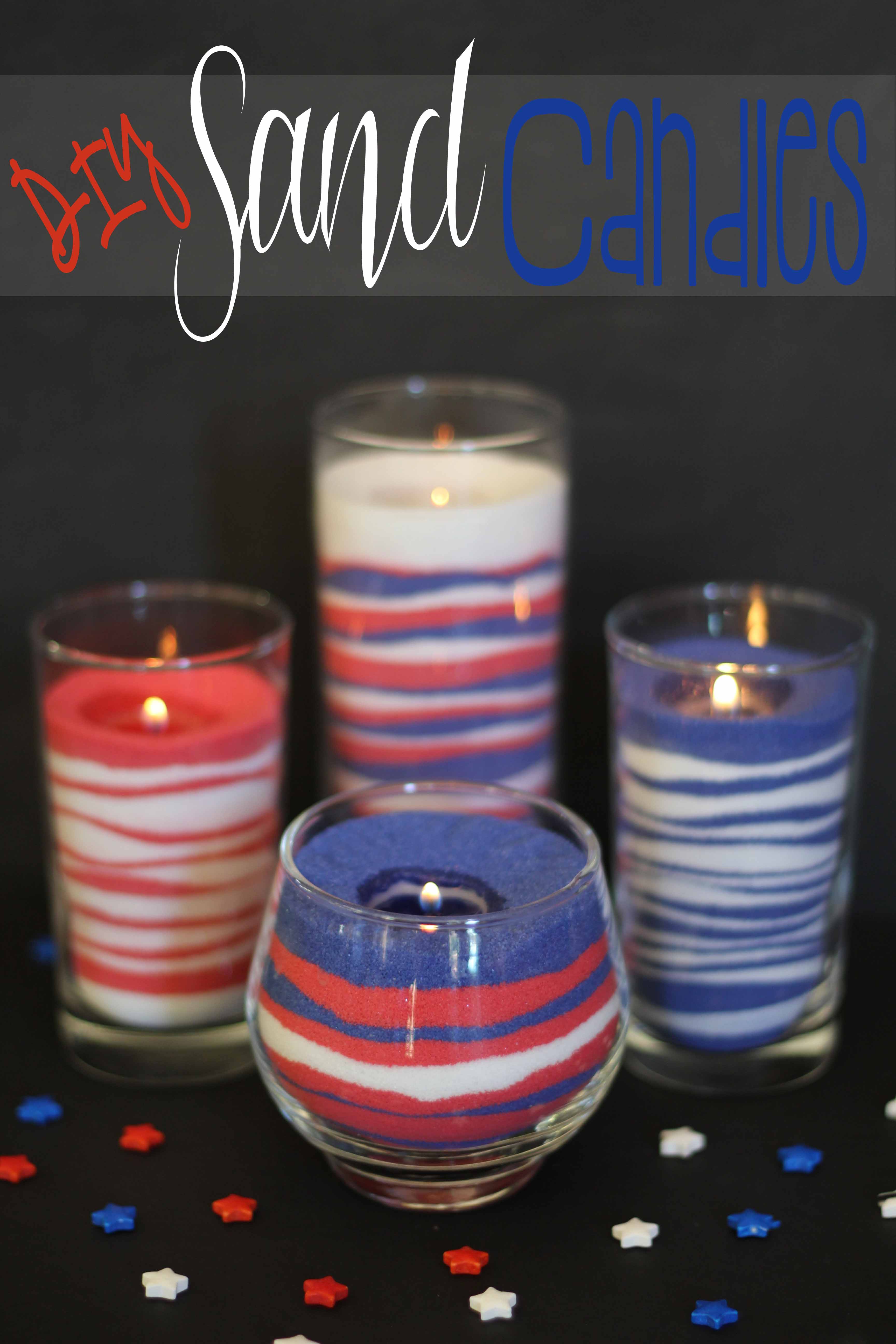 #DIY Sand Candles - I love these! I used drinking glasses and a votive I bought from a thrift store, added the #sand and a tea #candle. 30 minutes later I have 4 great candles for #4th of July. Made all four candles for $8 bucks! This pin was tested and reviewed by one of the 3 crazy sisters at https://madefrompinterest.net/