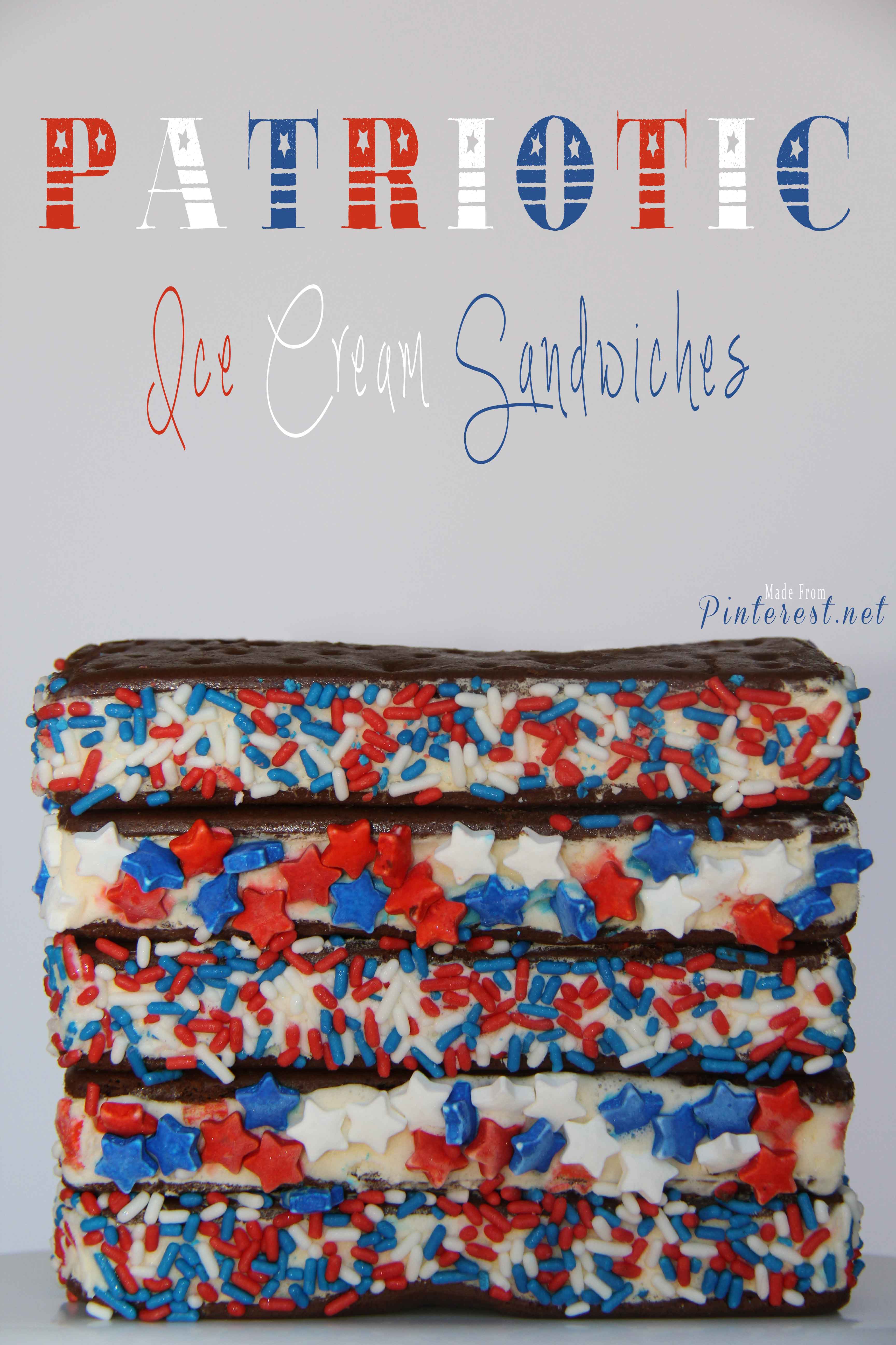 #Ice Cream Sandwiches #Patriotic - Jazz up plain ice cream sandwiches with red, white and blue sprinkles. #4th of July This pin was tested and reviewed by one of the 3 crazy sisters at https://madefrompinterest.net/