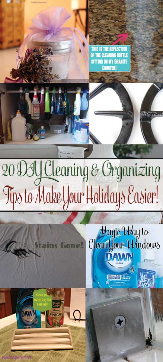 20 DIY Cleaning and Organizing Tips to Make Your Holidays Easier! This is our Christmas gift to you, we have tested everyone of these tips and they all WORK WONDERS! Now you can spend less time cleaning and more time enjoying your holiday! Tips: 1. DIY Air Freshener 2. DIY Ant Poison 3. DIY Bathroom Wand Cleaner 4. DIY Glass Shower Door Cleaner 5. Clean Refrigerator Water Tray 6. Clean Stove Burners 7. Get Mildew Smell out of Towels 8. Clean your Iron 9. DIY Dishwasher Detergent 10. DIY Granite Cleaner 11. DIY Garbage Disposal Bombs 12. Fold Bed Sheets in Pillow Case 13. Magic Way to Clean Your Windows 14. Magic Way to Remove Mold in Bathroom 15. DIY Febreze 16. No Scrub Oven Cleaning Method 17. Magic Way to Clean Your BBQ Grill 18. Zip Loc Bag Packing 19. Christmas Card Contact Photos 20. Clean Car Headlights