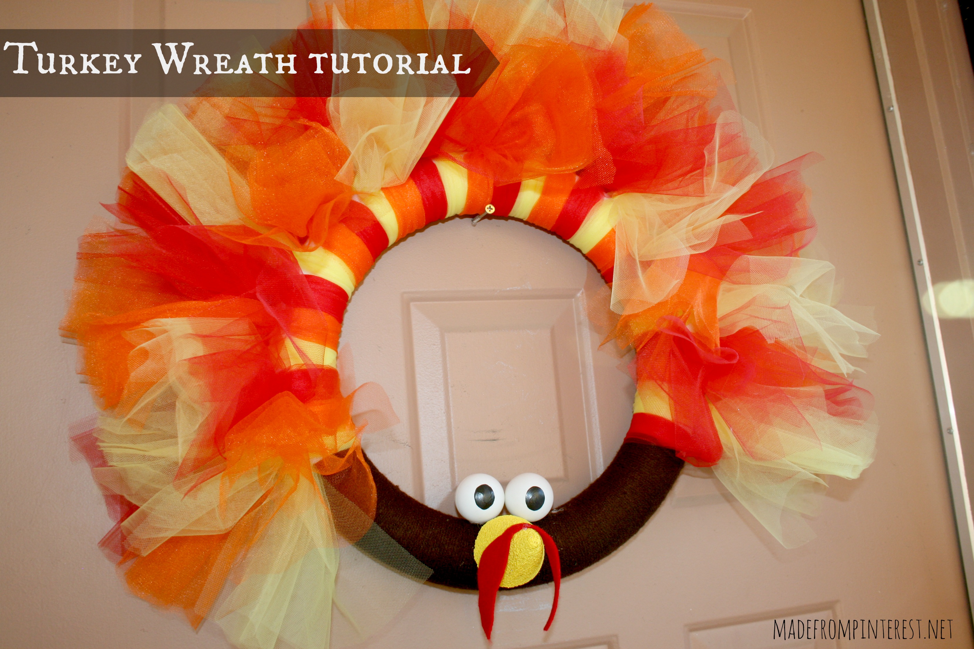 Look at this darling turkey wreath tutorial that I found at MadeFromPinterest.net!