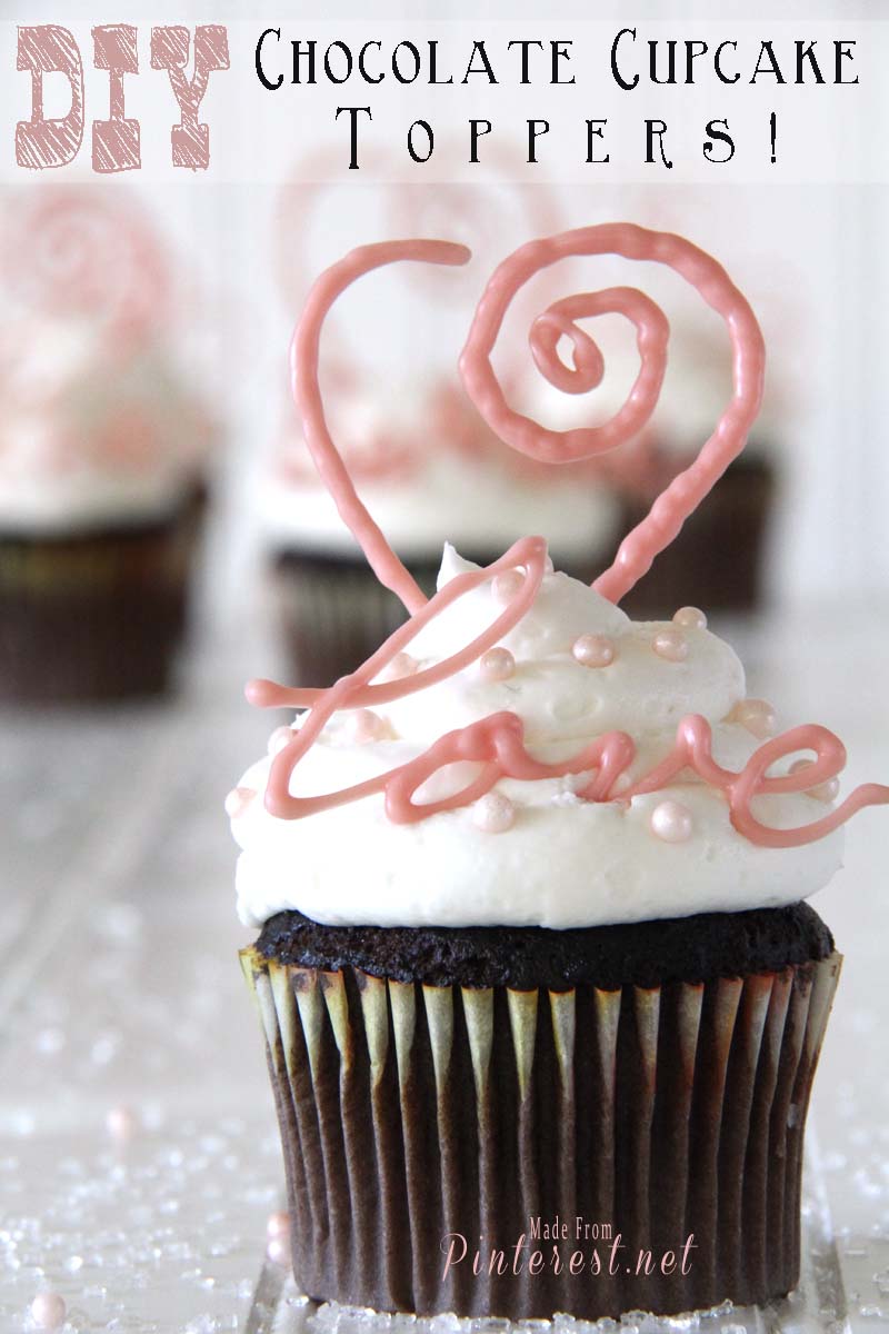 Valentines Day Idea - DIY Chocolate Cupcake Toppers! - Great way to turn a plain cupcake into a beautiful Valentines Day Treat. I cheated and used store bought cupcakes! Free Printable Included! #Valentines Day #Cupcake #Dessert