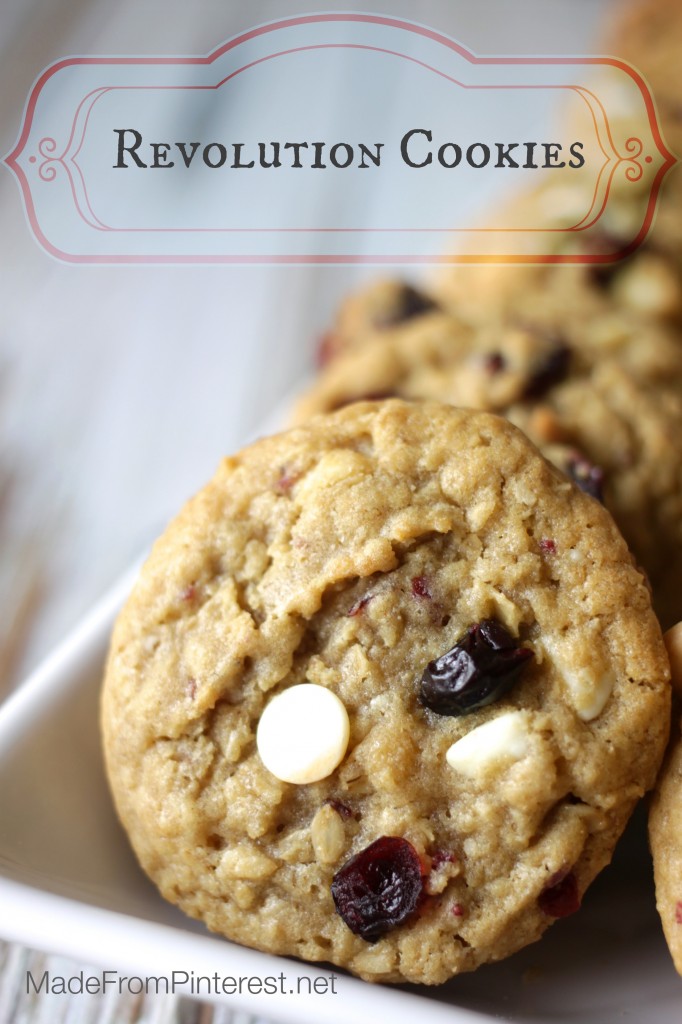 Revolution Cookies are a cookie the Founding Fathers would have been proud to eat. With oatmeal, white chips, dried cranberries and blueberries these red, white and blue all American cookies are sure to please!
