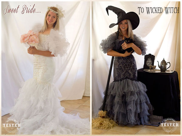 Wicked Witch Costume - DIY Wicked Witch Costume made from a thrift store wedding dress. Use some dye to transform a white wedding dress to a black witch costume for Halloween. This was so much easier to do than I thought it was going to be!