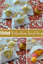 Valentine's Day Treat Bag - This fun DIY craft is a quick and easy project that you can enjoy making with your kids. Put a little bling in your Valentine's Day with cute gold sequin hearts.
