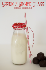 Sprinkle Rimmed Glass - This is such a quick and easy Valentine idea! Add some pizzaz to any Valentines Day food gift by adding red and white sprinkles to the rim of any beverage glass!